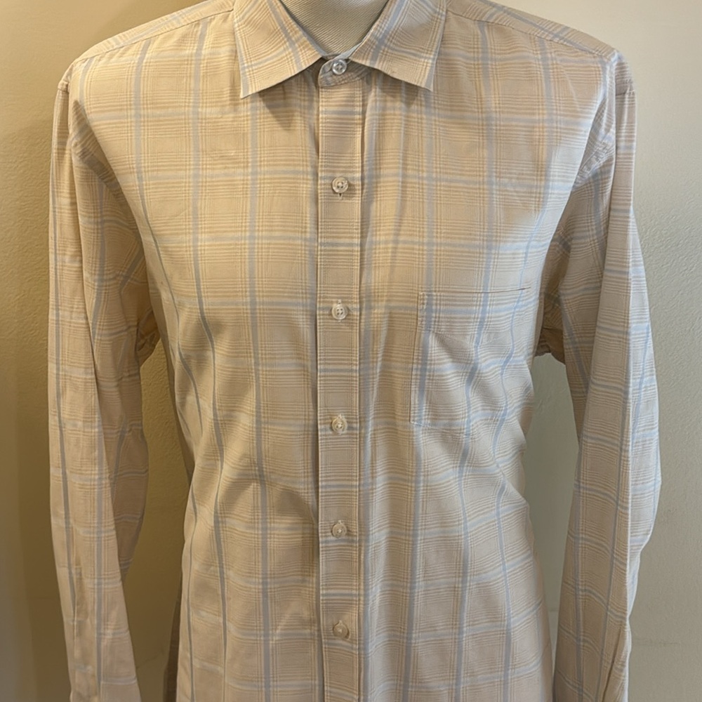 Tasso Elba L 16-16 1/2 Tan, Light Blue, and White Button Down Long Sleeve